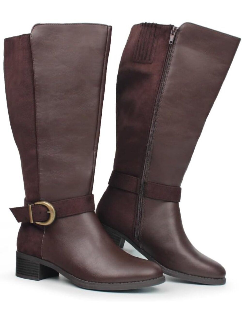 Women's Brown Extra Wide Calf Pull On Side Zipper Knee High Boots Pointed Toe